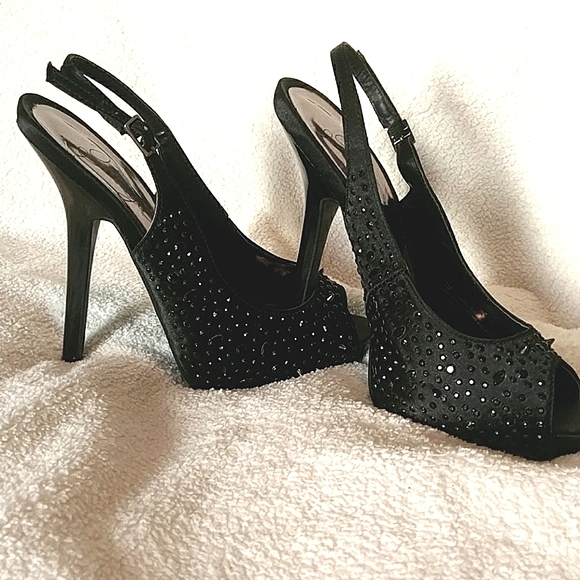 Fergie Shoes - FERGIE! Black studded open toe stilettos